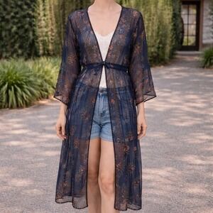 Tantrums Navy Blue Floral Print Sheer Kimono Duster Open Front XL